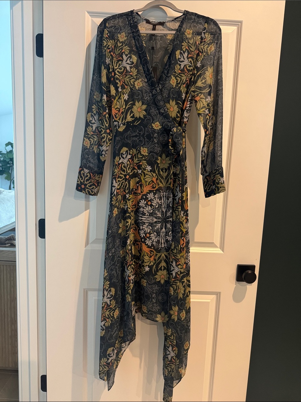 BCBGMaxAzria Olive Multi Floral Asymmetrical Wrap Dress